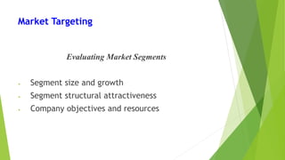 Market Targeting
Evaluating Market Segments
• Segment size and growth
• Segment structural attractiveness
• Company objectives and resources
 