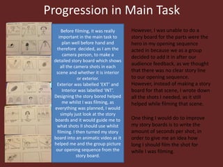 Progression in Main Task
Before filming, it was really
important in the main task to
plan well before hand and
therefore decided, as I am the
camera person, to make a
detailed story board which shows
all the camera shots in each
scene and whether it is interior
or exterior.
Exterior was labelled ‘EXT’ and
Interior was labelled ‘INT’.
Designing the story bored helped
me whilst I was filming, as
everything was planned, I would
simply just look at the story
boards and it would guide me to
what shots II should use whilst
filming. I then turned my story
board into an animatic video as it
helped me and the group picture
our opening sequence from the
story board.
However, I was unable to do a
story board for the parts were the
hero in my opening sequence
acted in because we as a group
decided to add it in after our
audience feedback, as we thought
that there was no clear story line
to our opening sequence.
However, instead of making a story
board for that scene, I wrote down
all the shots I needed, as it still
helped while filming that scene.
One thing I would do to improve
my story boards is to write the
amount of seconds per shot, in
order to give me an idea how
long I should film the shot for
while I was filming.
 