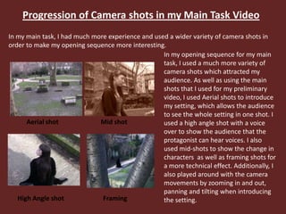 Progression of Camera shots in my Main Task Video
In my main task, I had much more experience and used a wider variety of camera shots in
order to make my opening sequence more interesting.
Aerial shot
High Angle shot
Mid shot
Framing
In my opening sequence for my main
task, I used a much more variety of
camera shots which attracted my
audience. As well as using the main
shots that I used for my preliminary
video, I used Aerial shots to introduce
my setting, which allows the audience
to see the whole setting in one shot. I
used a high angle shot with a voice
over to show the audience that the
protagonist can hear voices. I also
used mid-shots to show the change in
characters as well as framing shots for
a more technical effect. Additionally, I
also played around with the camera
movements by zooming in and out,
panning and tilting when introducing
the setting.
 