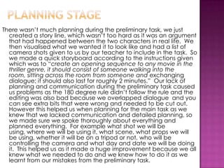 There wasn’t much planning during the preliminary task, we just
created a story line, which wasn’t too hard as it was an argument
that had happened between the two characters in real life. We
then visualised what we wanted it to look like and had a list of
camera shots given to us by our teacher to include in the task. So
we made a quick storyboard according to the instructions given
which was to “create an opening sequence to any movie in the
thriller genre, it should consist of someone walking into the
room, sitting across the room from someone and exchanging
dialogue; it should also last for roughly 2 minutes.” Our lack of
planning and communication during the preliminary task caused
us problems as the 180 degree rule didn’t follow the rule and the
editing was also bad because we overlapped dialogue and you
can see extra bits that were wrong and needed to be cut out.
However this helped us when planning for the main task as we
knew that we lacked communication and detailed planning, so
we made sure we spoke thoroughly about everything and
planned everything. For example what shot we will be
using, where we will be using it, what scene, what props we will
be using, whether it will be on a tripod or not, who will be
controlling the camera and what day and date we will be doing
it. This helped us as it made a huge improvement because we all
knew what we needed to do and we knew how to do it as we
learnt from our mistakes from the preliminary task.
 