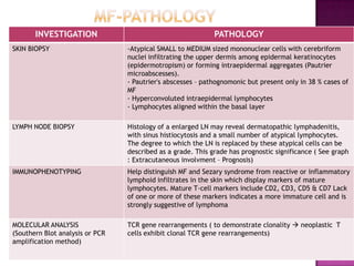 INVESTIGATION PATHOLOGY
SKIN BIOPSY -Atypical SMALL to MEDIUM sized mononuclear cells with cerebriform
nuclei infiltrating the upper dermis among epidermal keratinocytes
(epidermotropism) or forming intraepidermal aggregates (Pautrier
microabscesses).
- Pautrier's abscesses – pathognomonic but present only in 38 % cases of
MF
- Hyperconvoluted intraepidermal lymphocytes
- Lymphocytes aligned within the basal layer
LYMPH NODE BIOPSY Histology of a enlarged LN may reveal dermatopathic lymphadenitis,
with sinus histiocytosis and a small number of atypical lymphocytes.
The degree to which the LN is replaced by these atypical cells can be
described as a grade. This grade has prognostic significance ( See graph
: Extracutaneous involvment – Prognosis)
IMMUNOPHENOTYPING Help distinguish MF and Sezary syndrome from reactive or inflammatory
lymphoid infiltrates in the skin which display markers of mature
lymphocytes. Mature T-cell markers include CD2, CD3, CD5 & CD7 Lack
of one or more of these markers indicates a more immature cell and is
strongly suggestive of lymphoma
MOLECULAR ANALYSIS
(Southern Blot analysis or PCR
amplification method)
TCR gene rearrangements ( to demonstrate clonality  neoplastic T
cells exhibit clonal TCR gene rearrangements)
 