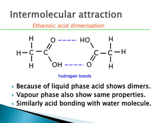  Because of liquid phase acid shows dimers.
 Vapour phase also show same properties.
 Similarly acid bonding with water molecule.
 
