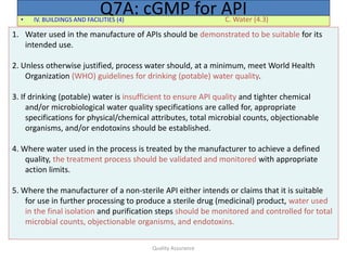 Quality Assurance
• IV. BUILDINGS AND FACILITIES (4) C. Water (4.3)
Q7A: cGMP for API
1. Water used in the manufacture of APIs should be demonstrated to be suitable for its
intended use.
2. Unless otherwise justified, process water should, at a minimum, meet World Health
Organization (WHO) guidelines for drinking (potable) water quality.
3. If drinking (potable) water is insufficient to ensure API quality and tighter chemical
and/or microbiological water quality specifications are called for, appropriate
specifications for physical/chemical attributes, total microbial counts, objectionable
organisms, and/or endotoxins should be established.
4. Where water used in the process is treated by the manufacturer to achieve a defined
quality, the treatment process should be validated and monitored with appropriate
action limits.
5. Where the manufacturer of a non-sterile API either intends or claims that it is suitable
for use in further processing to produce a sterile drug (medicinal) product, water used
in the final isolation and purification steps should be monitored and controlled for total
microbial counts, objectionable organisms, and endotoxins.
 