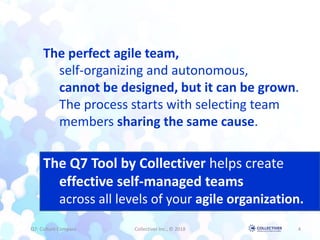 Q7: Culture Compass Collectiver Inc., © 2018
The perfect agile team,
self-organizing and autonomous,
cannot be designed, but it can be grown.
The process starts with selecting team
members sharing the same cause.
The Q7 Tool by Collectiver helps create
effective self-managed teams
across all levels of your agile organization.
4
 