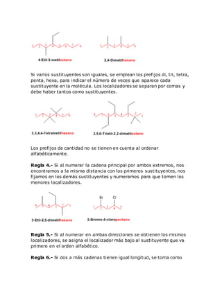 Si varios sustituyentes son iguales, se emplean los prefijos di, tri, tetra,
penta, hexa, para indicar el número de veces que aparece cada
sustituyente en la molécula. Los localizadores se separan por comas y
debe haber tantos como sustituyentes.
Los prefijos de cantidad no se tienen en cuenta al ordenar
alfabéticamente.
Regla 4.- Si al numerar la cadena principal por ambos extremos, nos
encontramos a la misma distancia con los primeros sustituyentes, nos
fijamos en los demás sustituyentes y numeramos para que tomen los
menores localizadores.
Regla 5.- Si al numerar en ambas direcciones se obtienen los mismos
localizadores, se asigna el localizador más bajo al sustituyente que va
primero en el orden alfabético.
Regla 6.- Si dos a más cadenas tienen igual longitud, se toma como
 