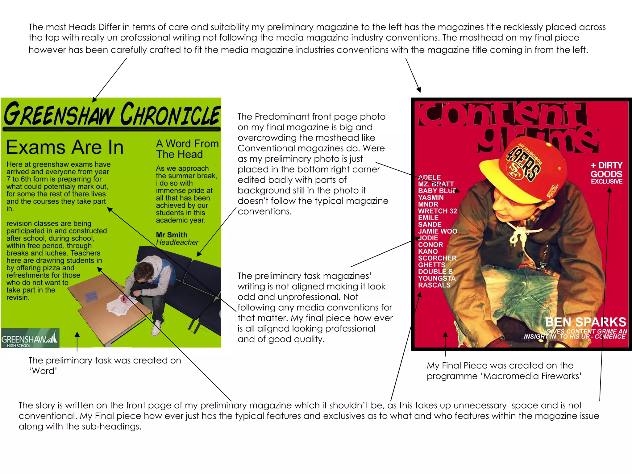 The mast Heads Differ in terms of care and suitability my preliminary magazine to the left has the magazines title recklessly placed across the top with really un professional writing not following the media magazine industry conventions. The masthead on my final piece however has been carefully crafted to fit the media magazine industries conventions with the magazine title coming in from the left.   The Predominant front page photo on my final magazine is big and overcrowding the masthead like Conventional magazines do. Were as my preliminary photo is just placed in the bottom right corner edited badly with parts of background still in the photo it doesn't follow the typical magazine conventions.  The story is written on the front page of my preliminary magazine which it shouldn’t be, as this takes up unnecessary  space and is not conventional. My Final piece how ever just has the typical features and exclusives as to what and who features within the magazine issue along with the sub-headings. The preliminary task magazines’ writing is not aligned making it look odd and unprofessional. Not following any media conventions for that matter. My final piece how ever is all aligned looking professional and of good quality. The preliminary task was created on ‘Word’ My Final Piece was created on the programme ‘Macromedia Fireworks’ 