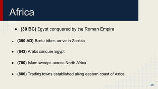 Africa
● (30 BC) Egypt conquered by the Roman Empire
● (350 AD) Bantu tribes arrive in Zambia
● (642) Arabs conquer Egypt
● (700) Islam sweeps across North Africa
● (800) Trading towns established along eastern coast of Africa
26
 