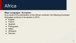 Africa
Major Languages - European:
As a result of the colonization of the African continent, the following European
languages continue to be spoken in 2015:
● English
● French
● Spanish
● Portuguese
● Italian
● Afrikaans
● German
8
 