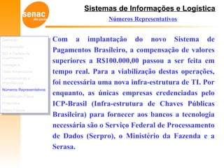 Sistemas de Informações e Logística
Números Representativos
Com a implantação do novo Sistema de
Pagamentos Brasileiro, a compensação de valores
superiores a R$100.000,00 passou a ser feita em
tempo real. Para a viabilização destas operações,
foi necessária uma nova infra-estrutura de TI. Por
enquanto, as únicas empresas credenciadas pelo
ICP-Brasil (Infra-estrutura de Chaves Públicas
Brasileira) para fornecer aos bancos a tecnologia
necessária são o Serviço Federal de Processamento
de Dados (Serpro), o Ministério da Fazenda e a
Serasa.
Definição
Comparação
EDI e Cadeia de
Suprimentos
Vantagens
Visão Empresarial
Características e
Importâncias
Números Representativos
Constituição Física
Protocolos
Meios Físicos
Definição
Comparação
EDI e Cadeia de
Suprimentos
Vantagens
Visão Empresarial
Características e
Importâncias
Números Representativos
Constituição Física
Protocolos
Meios Físicos
 
