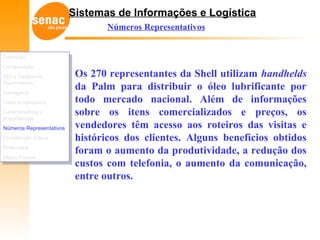 Sistemas de Informações e Logística
Números Representativos
Os 270 representantes da Shell utilizam handhelds
da Palm para distribuir o óleo lubrificante por
todo mercado nacional. Além de informações
sobre os itens comercializados e preços, os
vendedores têm acesso aos roteiros das visitas e
históricos dos clientes. Alguns benefícios obtidos
foram o aumento da produtividade, a redução dos
custos com telefonia, o aumento da comunicação,
entre outros.
Definição
Comparação
EDI e Cadeia de
Suprimentos
Vantagens
Visão Empresarial
Características e
Importâncias
Números Representativos
Constituição Física
Protocolos
Meios Físicos
Definição
Comparação
EDI e Cadeia de
Suprimentos
Vantagens
Visão Empresarial
Características e
Importâncias
Números Representativos
Constituição Física
Protocolos
Meios Físicos
 
