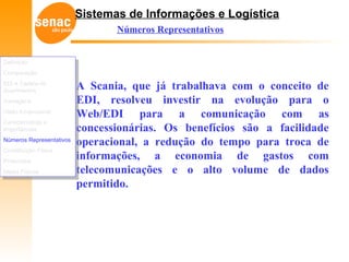 Sistemas de Informações e Logística
Números Representativos
A Scania, que já trabalhava com o conceito de
EDI, resolveu investir na evolução para o
Web/EDI para a comunicação com as
concessionárias. Os benefícios são a facilidade
operacional, a redução do tempo para troca de
informações, a economia de gastos com
telecomunicações e o alto volume de dados
permitido.
Definição
Comparação
EDI e Cadeia de
Suprimentos
Vantagens
Visão Empresarial
Características e
Importâncias
Números Representativos
Constituição Física
Protocolos
Meios Físicos
Definição
Comparação
EDI e Cadeia de
Suprimentos
Vantagens
Visão Empresarial
Características e
Importâncias
Números Representativos
Constituição Física
Protocolos
Meios Físicos
 