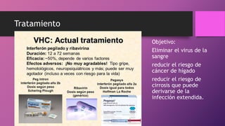 Tratamiento
Objetivo:
Eliminar el virus de la
sangre
reducir el riesgo de
cáncer de hígado
reducir el riesgo de
cirrosis que puede
derivarse de la
infección extendida.
 