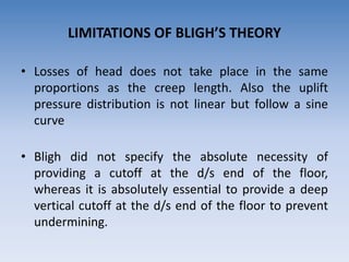• Losses of head does not take place in the same
proportions as the creep length. Also the uplift
pressure distribution is not linear but follow a sine
curve
• Bligh did not specify the absolute necessity of
providing a cutoff at the d/s end of the floor,
whereas it is absolutely essential to provide a deep
vertical cutoff at the d/s end of the floor to prevent
undermining.
LIMITATIONS OF BLIGH’S THEORY
 