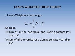 LANE’S WEIGHTED CREEP THEORY
• Lane’s Weighted creep length
Whereas,
N=sum of all the horizontal and sloping contact less
than 45°
V=sum of all the vertical and sloping contact less than
45°
VNLw 
3
1
 