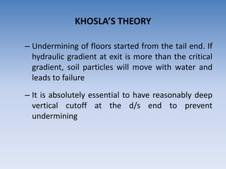 – Undermining of floors started from the tail end. If
hydraulic gradient at exit is more than the critical
gradient, soil particles will move with water and
leads to failure
– It is absolutely essential to have reasonably deep
vertical cutoff at the d/s end to prevent
undermining
KHOSLA’S THEORY
 