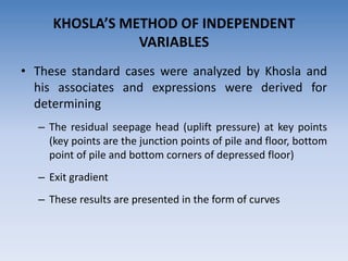 • These standard cases were analyzed by Khosla and
his associates and expressions were derived for
determining
– The residual seepage head (uplift pressure) at key points
(key points are the junction points of pile and floor, bottom
point of pile and bottom corners of depressed floor)
– Exit gradient
– These results are presented in the form of curves
KHOSLA’S METHOD OF INDEPENDENT
VARIABLES
 