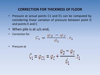 CORRECTION FOR THICKNESS OF FLOOR
• Pressure at actual points C1 and E1 can be computed by
considering linear variation of pressure between point D
and points E and C
• When pile is at u/s end,
• Correction for
• Pressure at
 