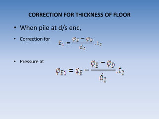 • When pile at d/s end,
• Correction for
• Pressure at
CORRECTION FOR THICKNESS OF FLOOR
 