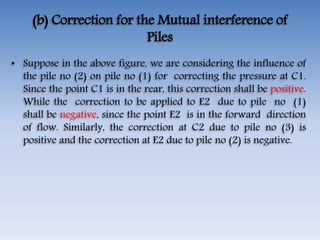 (b) Correction for the Mutual interference of
Piles
• Suppose in the above figure, we are considering the influence of
the pile no (2) on pile no (1) for correcting the pressure at C1.
Since the point C1 is in the rear, this correction shall be positive.
While the correction to be applied to E2 due to pile no (1)
shall be negative, since the point E2 is in the forward direction
of flow. Similarly, the correction at C2 due to pile no (3) is
positive and the correction at E2 due to pile no (2) is negative.
 