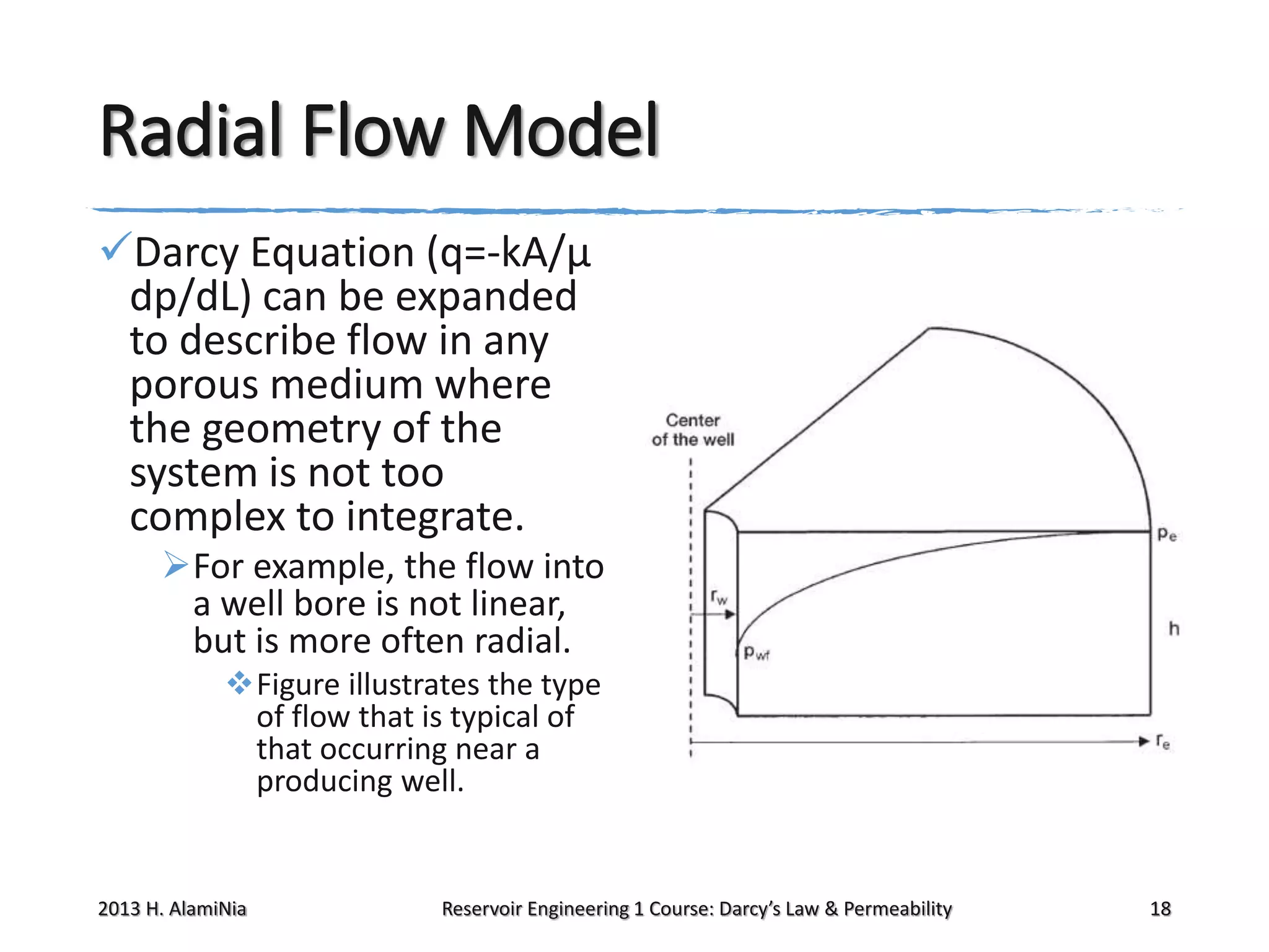 Radial Flow Model
Darcy Equation (q=-kA/μ
dp/dL) can be expanded
to describe flow in any
porous medium where
the geometry of the
system is not too
complex to integrate.
For example, the flow into
a well bore is not linear,
but is more often radial.
Figure illustrates the type
of flow that is typical of
that occurring near a
producing well.

2013 H. AlamiNia

Reservoir Engineering 1 Course: Darcy’s Law & Permeability

18

 