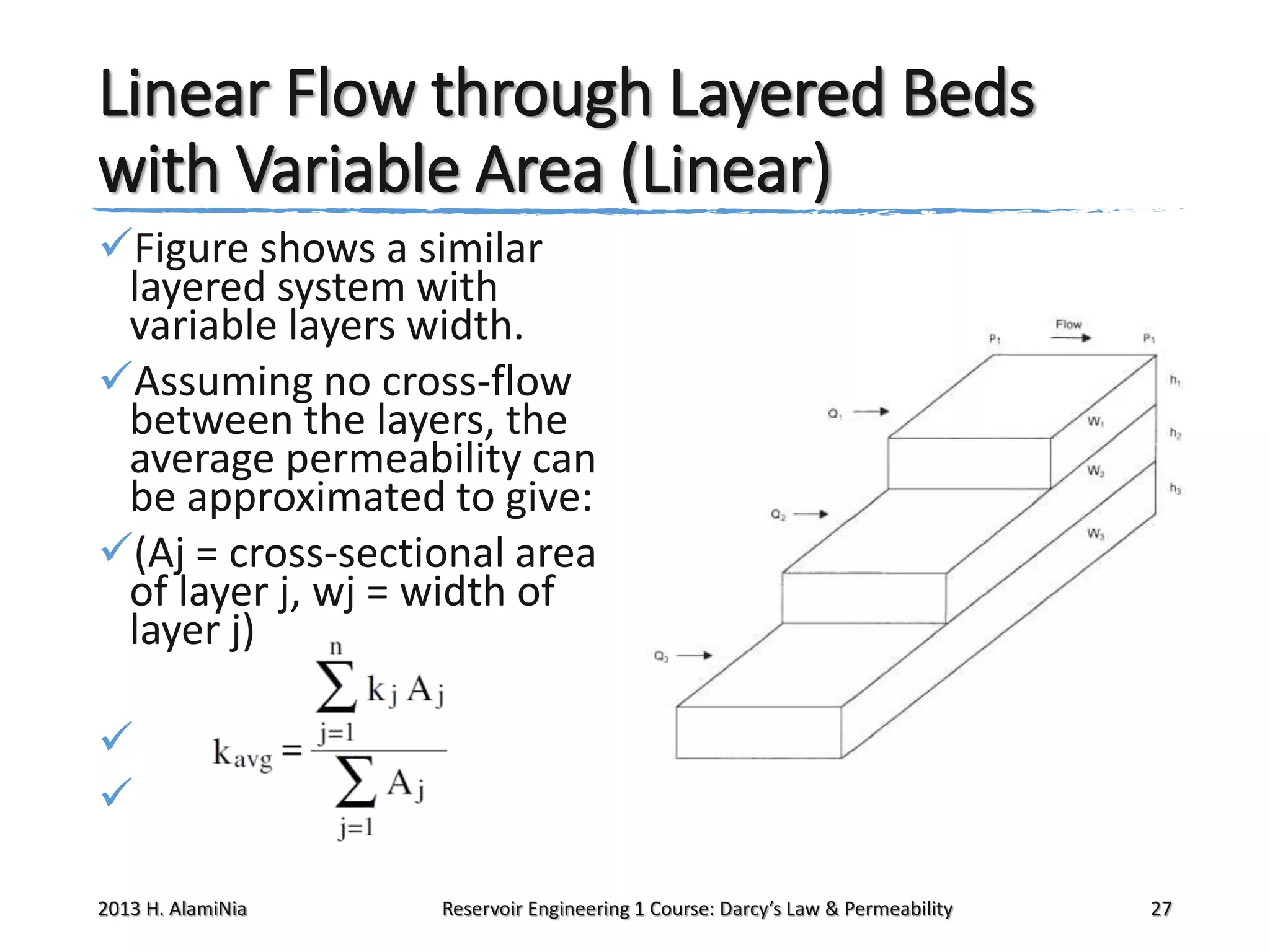 Linear Flow through Layered Beds
with Variable Area (Linear)
Figure shows a similar
layered system with
variable layers width.
Assuming no cross-flow
between the layers, the
average permeability can
be approximated to give:
(Aj = cross-sectional area
of layer j, wj = width of
layer j)


2013 H. AlamiNia

Reservoir Engineering 1 Course: Darcy’s Law & Permeability

27

 