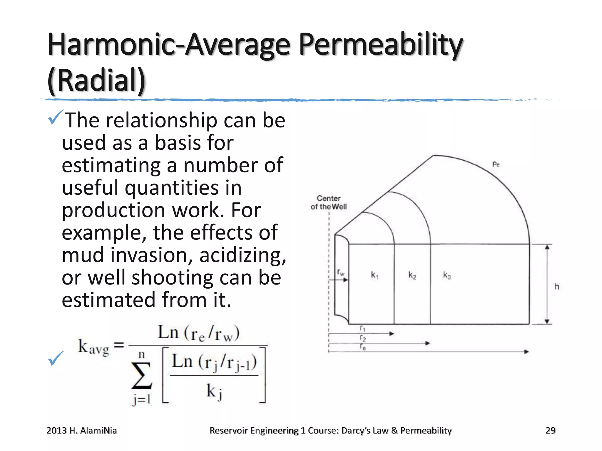 Harmonic-Average Permeability
(Radial)
The relationship can be
used as a basis for
estimating a number of
useful quantities in
production work. For
example, the effects of
mud invasion, acidizing,
or well shooting can be
estimated from it.

2013 H. AlamiNia

Reservoir Engineering 1 Course: Darcy’s Law & Permeability

29

 