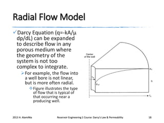 Radial Flow Model
Darcy Equation (q=-kA/μ
dp/dL) can be expanded
to describe flow in any
porous medium where
the geometry of the
system is not too
complex to integrate.
For example, the flow into
a well bore is not linear,
but is more often radial.
Figure illustrates the type
of flow that is typical of
that occurring near a
producing well.

2013 H. AlamiNia

Reservoir Engineering 1 Course: Darcy’s Law & Permeability

18

 