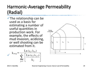 Harmonic-Average Permeability
(Radial)
The relationship can be
used as a basis for
estimating a number of
useful quantities in
production work. For
example, the effects of
mud invasion, acidizing,
or well shooting can be
estimated from it.

2013 H. AlamiNia

Reservoir Engineering 1 Course: Darcy’s Law & Permeability

29

 