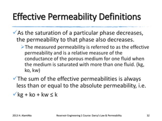 Effective Permeability Definitions
As the saturation of a particular phase decreases,
the permeability to that phase also decreases.
The measured permeability is referred to as the effective
permeability and is a relative measure of the
conductance of the porous medium for one fluid when
the medium is saturated with more than one fluid. (kg,
ko, kw)

The sum of the effective permeabilities is always
less than or equal to the absolute permeability, i.e.
kg + ko + kw ≤ k

2013 H. AlamiNia

Reservoir Engineering 1 Course: Darcy’s Law & Permeability

32

 