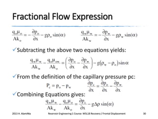 Fractional Flow Expression

Subtracting the above two equations yields:

From the definition of the capillary pressure pc:
Combining Equations gives:
2013 H. AlamiNia

Reservoir Engineering 1 Course: W5L18 Recovery / Frontal Displacement

30

 