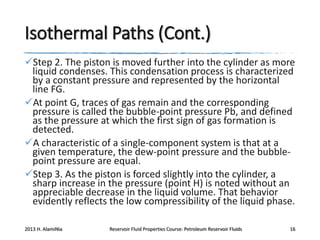 Isothermal Paths (Cont.)
Step 2. The piston is moved further into the cylinder as more
liquid condenses. This condensation process is characterized
by a constant pressure and represented by the horizontal
line FG.
At point G, traces of gas remain and the corresponding
pressure is called the bubble-point pressure Pb, and defined
as the pressure at which the first sign of gas formation is
detected.
A characteristic of a single-component system is that at a
given temperature, the dew-point pressure and the bubblepoint pressure are equal.
Step 3. As the piston is forced slightly into the cylinder, a
sharp increase in the pressure (point H) is noted without an
appreciable decrease in the liquid volume. That behavior
evidently reflects the low compressibility of the liquid phase.
2013 H. AlamiNia

Reservoir Fluid Properties Course: Petroleum Reservoir Fluids

16

 