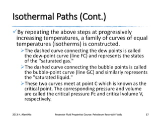 Isothermal Paths (Cont.)
By repeating the above steps at progressively
increasing temperatures, a family of curves of equal
temperatures (isotherms) is constructed.
The dashed curve connecting the dew points is called
the dew-point curve (line FC) and represents the states
of the ''saturated gas."
The dashed curve connecting the bubble points is called
the bubble-point curve (line GC) and similarly represents
the "saturated liquid."
These two curves meet at point C which is known as the
critical point. The corresponding pressure and volume
are called the critical pressure Pc and critical volume V,
respectively.
2013 H. AlamiNia

Reservoir Fluid Properties Course: Petroleum Reservoir Fluids

17

 
