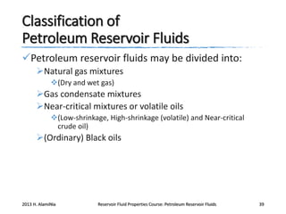 Classification of
Petroleum Reservoir Fluids
Petroleum reservoir fluids may be divided into:
Natural gas mixtures
(Dry and wet gas)

Gas condensate mixtures
Near-critical mixtures or volatile oils
(Low-shrinkage, High-shrinkage (volatile) and Near-critical
crude oil)

(Ordinary) Black oils

2013 H. AlamiNia

Reservoir Fluid Properties Course: Petroleum Reservoir Fluids

39

 