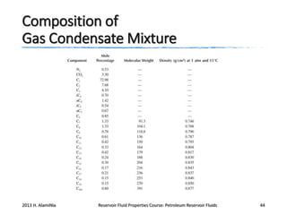 Composition of
Gas Condensate Mixture

2013 H. AlamiNia

Reservoir Fluid Properties Course: Petroleum Reservoir Fluids

44

 