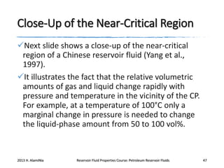 Close-Up of the Near-Critical Region
Next slide shows a close-up of the near-critical
region of a Chinese reservoir fluid (Yang et al.,
1997).
It illustrates the fact that the relative volumetric
amounts of gas and liquid change rapidly with
pressure and temperature in the vicinity of the CP.
For example, at a temperature of 100°C only a
marginal change in pressure is needed to change
the liquid-phase amount from 50 to 100 vol%.

2013 H. AlamiNia

Reservoir Fluid Properties Course: Petroleum Reservoir Fluids

47

 