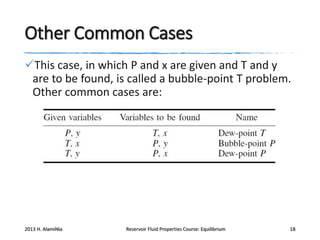Other Common Cases
This case, in which P and x are given and T and y
are to be found, is called a bubble-point T problem.
Other common cases are:

2013 H. AlamiNia

Reservoir Fluid Properties Course: Equilibrium

18

 