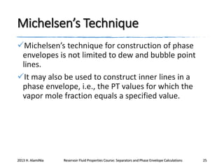 Michelsen’s Technique
Michelsen’s technique for construction of phase
envelopes is not limited to dew and bubble point
lines.
It may also be used to construct inner lines in a
phase envelope, i.e., the PT values for which the
vapor mole fraction equals a specified value.

2013 H. AlamiNia

Reservoir Fluid Properties Course: Separators and Phase Envelope Calculations

25

 
