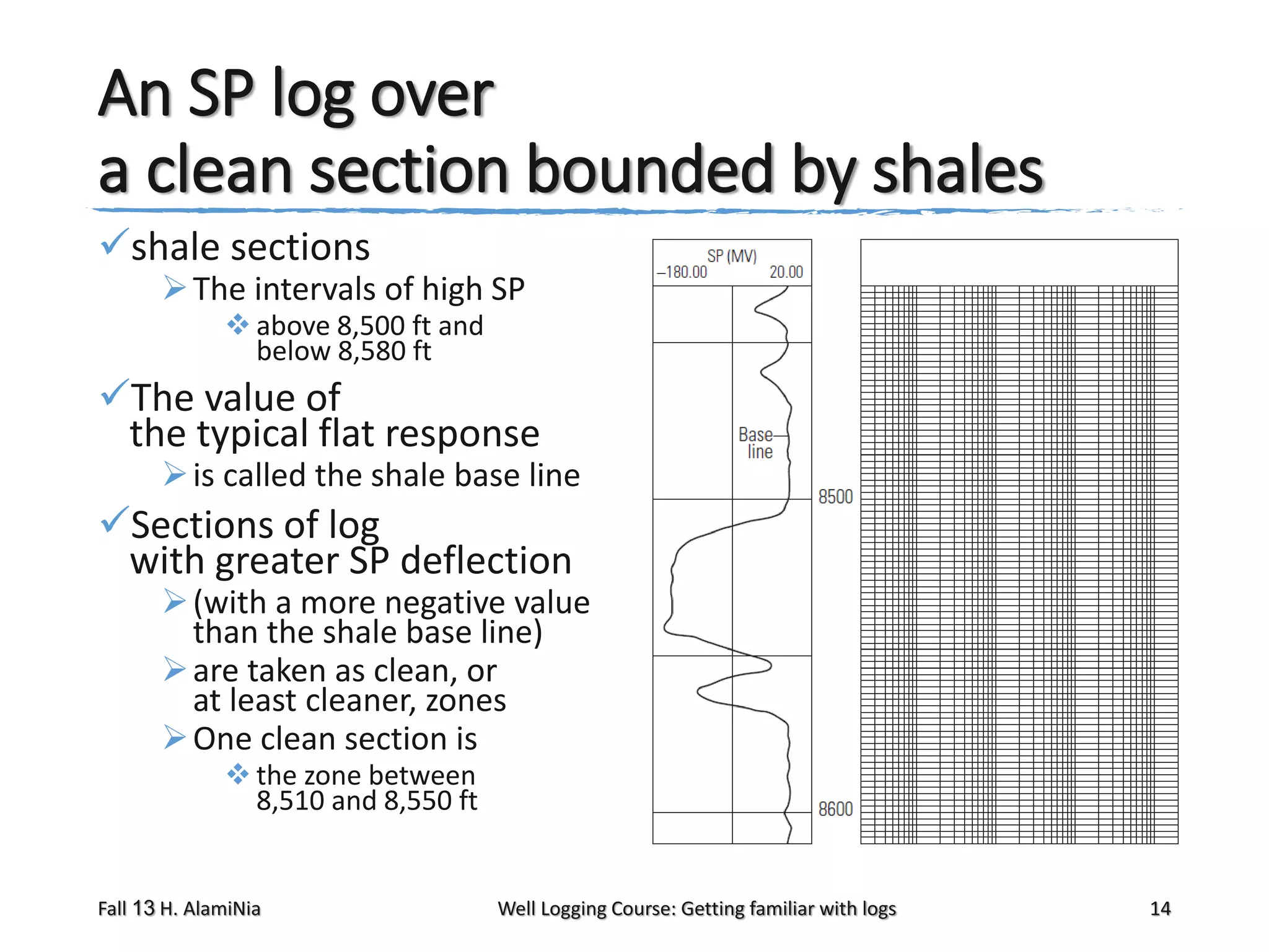 An SP log over
a clean section bounded by shales
shale sections

 The intervals of high SP
 above 8,500 ft and
below 8,580 ft

The value of
the typical flat response

 is called the shale base line

Sections of log
with greater SP deflection

 (with a more negative value
than the shale base line)
 are taken as clean, or
at least cleaner, zones
 One clean section is
 the zone between
8,510 and 8,550 ft

Fall 13 H. AlamiNia

Well Logging Course: Getting familiar with logs

14

 