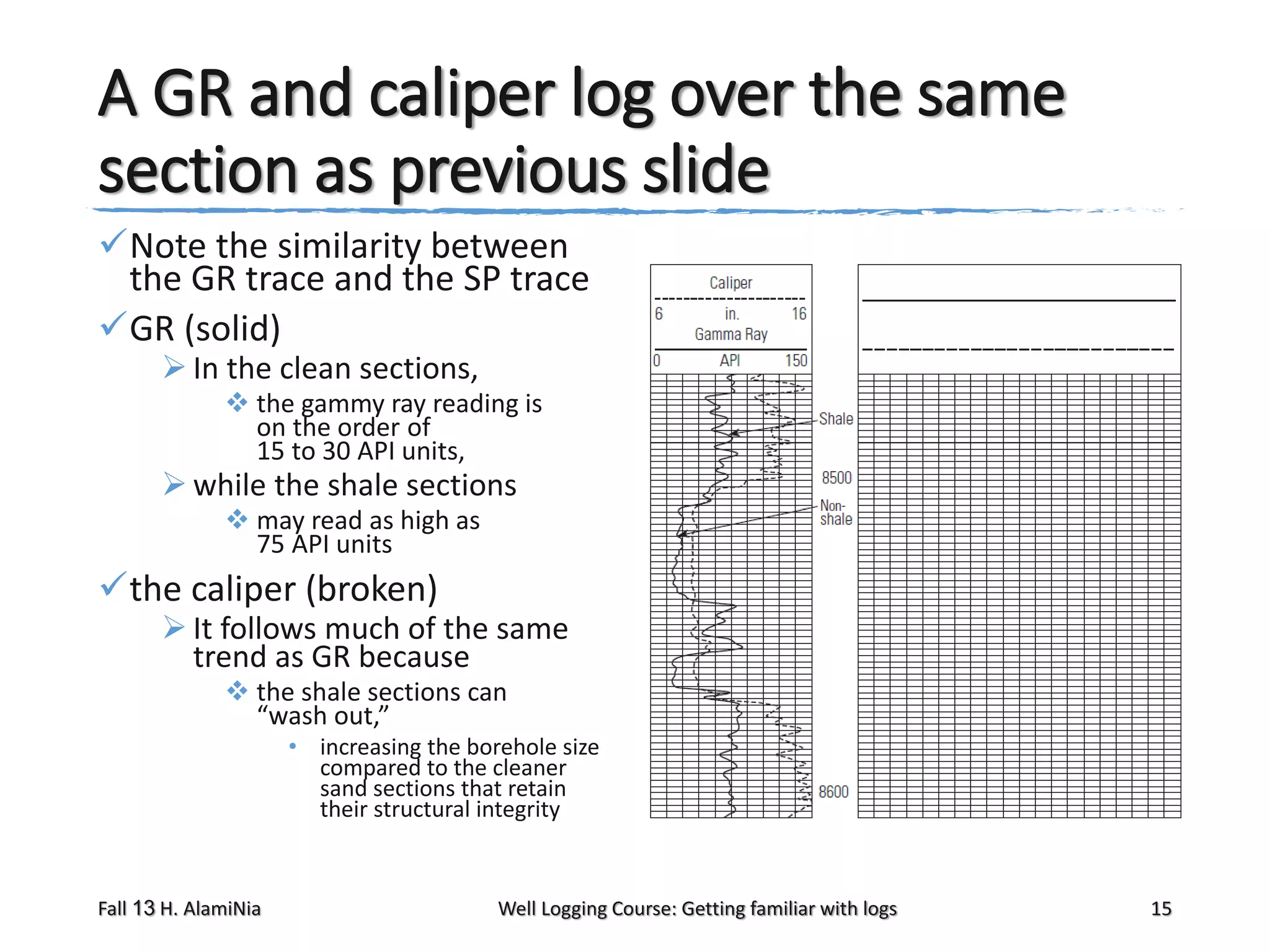 A GR and caliper log over the same
section as previous slide
Note the similarity between
the GR trace and the SP trace
GR (solid)
 In the clean sections,

 the gammy ray reading is
on the order of
15 to 30 API units,

 while the shale sections
 may read as high as
75 API units

the caliper (broken)

 It follows much of the same
trend as GR because
 the shale sections can
“wash out,”
• increasing the borehole size
compared to the cleaner
sand sections that retain
their structural integrity

Fall 13 H. AlamiNia

Well Logging Course: Getting familiar with logs

15

 