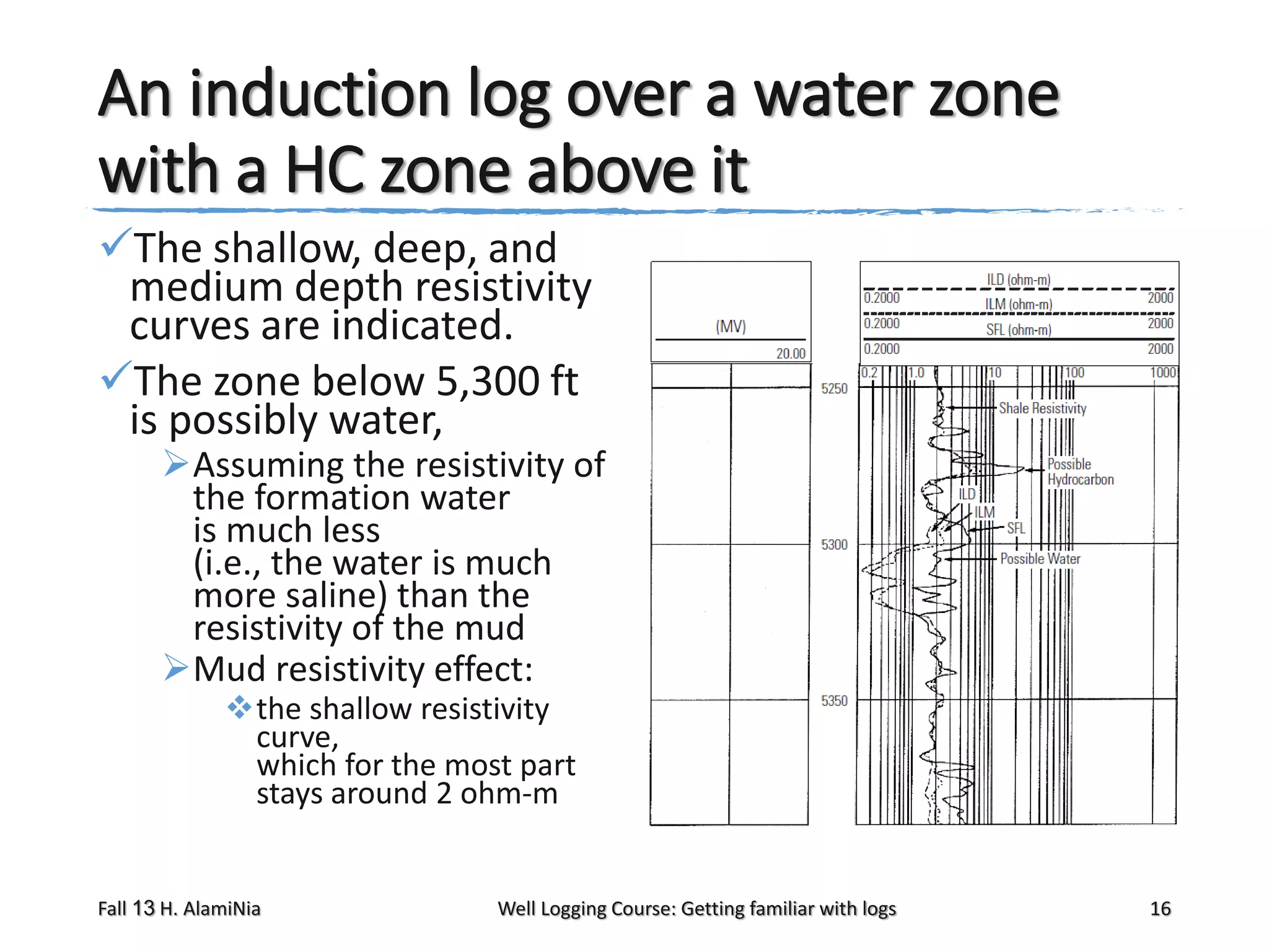 An induction log over a water zone
with a HC zone above it
The shallow, deep, and
medium depth resistivity
curves are indicated.
The zone below 5,300 ft
is possibly water,

Assuming the resistivity of
the formation water
is much less
(i.e., the water is much
more saline) than the
resistivity of the mud
Mud resistivity effect:
the shallow resistivity
curve,
which for the most part
stays around 2 ohm-m

Fall 13 H. AlamiNia

Well Logging Course: Getting familiar with logs

16

 