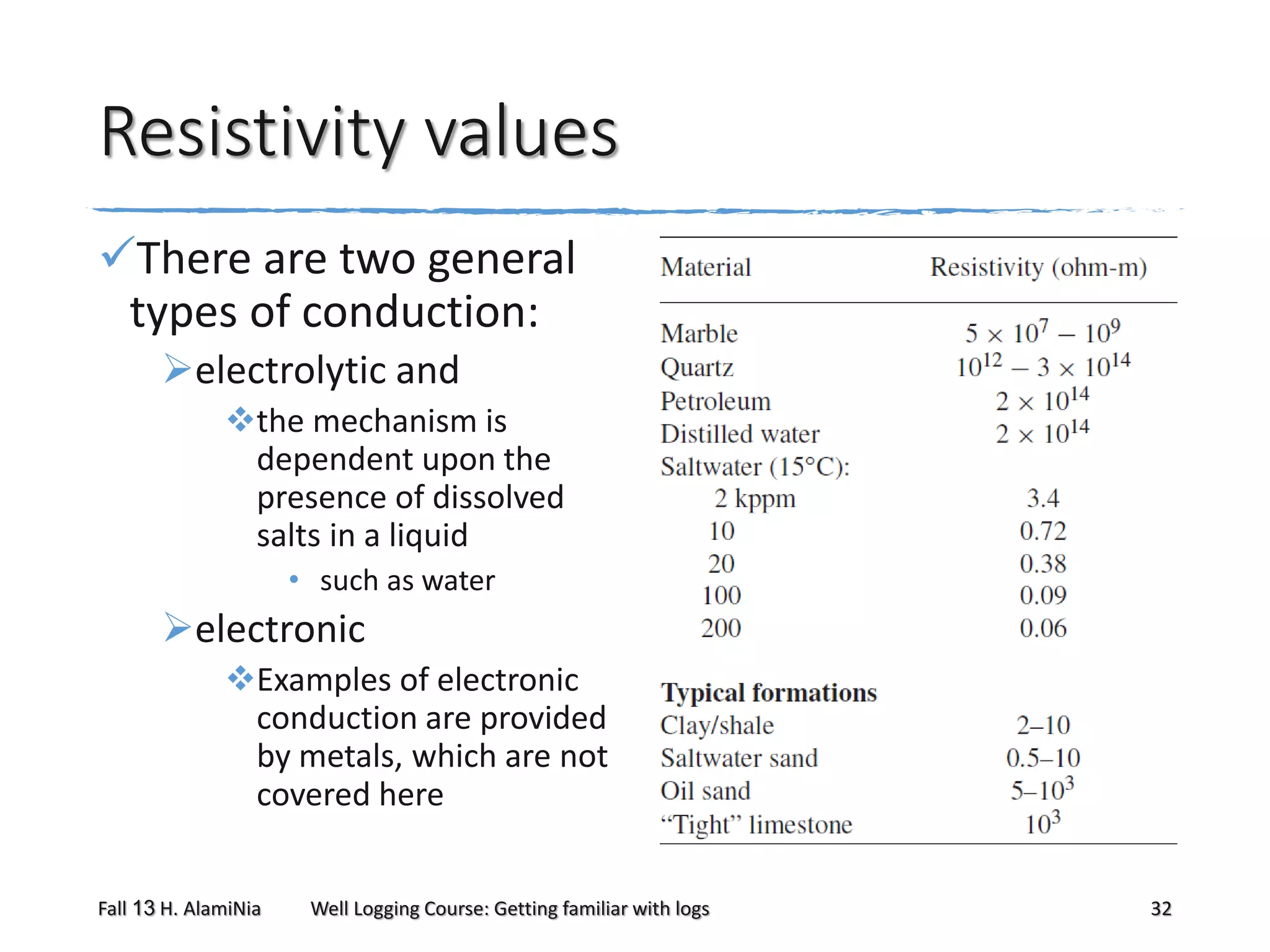 Resistivity values
There are two general
types of conduction:
electrolytic and
the mechanism is
dependent upon the
presence of dissolved
salts in a liquid
• such as water

electronic
Examples of electronic
conduction are provided
by metals, which are not
covered here
Fall 13 H. AlamiNia

Well Logging Course: Getting familiar with logs

32

 