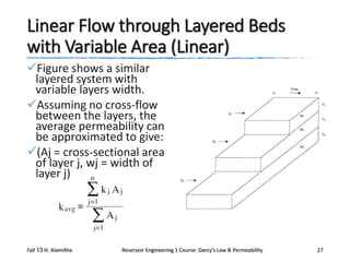 Linear Flow through Layered Beds
with Variable Area (Linear)
Figure shows a similar
layered system with
variable layers width.
Assuming no cross-flow
between the layers, the
average permeability can
be approximated to give:
(Aj = cross-sectional area
of layer j, wj = width of
layer j)

Fall 13 H. AlamiNia

Reservoir Engineering 1 Course: Darcy’s Law & Permeability

27

 