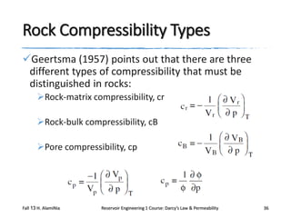 Rock Compressibility Types
Geertsma (1957) points out that there are three
different types of compressibility that must be
distinguished in rocks:
Rock-matrix compressibility, cr
Rock-bulk compressibility, cB
Pore compressibility, cp

Fall 13 H. AlamiNia

Reservoir Engineering 1 Course: Darcy’s Law & Permeability

36

 