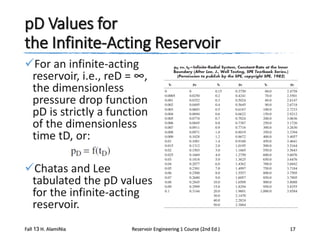 pD Values for
the Infinite-Acting Reservoir
For an infinite-acting
reservoir, i.e., reD = ∞,
the dimensionless
pressure drop function
pD is strictly a function
of the dimensionless
time tD, or:
Chatas and Lee
tabulated the pD values
for the infinite-acting
reservoir.
Fall 13 H. AlamiNia

Reservoir Engineering 1 Course (2nd Ed.)

17

 
