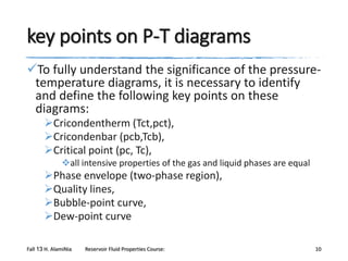 key points on P-T diagrams
To fully understand the significance of the pressuretemperature diagrams, it is necessary to identify
and define the following key points on these
diagrams:
Cricondentherm (Tct,pct),
Cricondenbar (pcb,Tcb),
Critical point (pc, Tc),
all intensive properties of the gas and liquid phases are equal

Phase envelope (two-phase region),
Quality lines,
Bubble-point curve,
Dew-point curve
Fall 13 H. AlamiNia

Reservoir Fluid Properties Course:

10

 