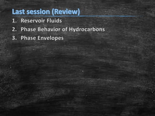 1. Reservoir Fluids
2. Phase Behavior of Hydrocarbons
3. Phase Envelopes

 