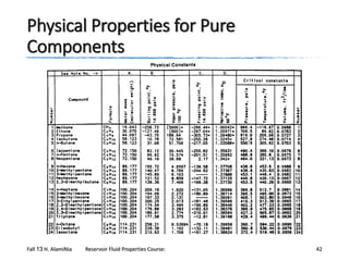 Physical Properties for Pure
Components

Fall 13 H. AlamiNia

Reservoir Fluid Properties Course:

42

 