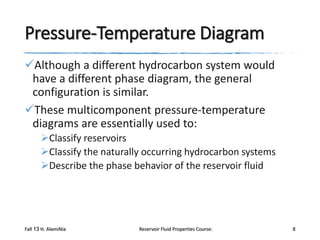 Pressure-Temperature Diagram
Although a different hydrocarbon system would
have a different phase diagram, the general
configuration is similar.
These multicomponent pressure-temperature
diagrams are essentially used to:
Classify reservoirs
Classify the naturally occurring hydrocarbon systems
Describe the phase behavior of the reservoir fluid

Fall 13 H. AlamiNia

Reservoir Fluid Properties Course:

8

 