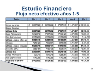 29
Estudio Financiero
Flujo neto efectivo años 1-5
Detalle Año 1 Año 2 Año 3 Año 4 Año 5
Ingreso por ventas 58.667.520
₡ 64.714.272
₡ 67.937.947
₡ 74.570.317
₡ 78.769.956
₡
Costos Operativos - - - - -
Utilidad Bruta 58.667.520 64.714.272 67.937.947 74.570.317 78.769.956
Gasto Administrativo 16.420.512 17.077.332 17.760.426 18.470.843 19.209.676
Más: Depreciaciones (1.742.265) (1.742.265) (1.742.265) (1.742.265) (1.742.265)
Utilidad antes de intereses 40.504.743 45.894.675 48.435.257 54.357.209 57.818.015
Intereses 7.242.426 7.092.501 6.918.388 6.716.187 6.481.365
Utilidad antes de impuesto 33.262.318 38.802.174 41.516.869 47.641.022 51.336.650
Impuestos (20%) 6.652.464 7.760.435 8.303.374 9.528.204 10.267.330
Utilidad Neta 26.609.854 31.041.740 33.213.495 38.112.818 41.069.320
Menos: Amortización 929.319 1.079.245 1.253.357 1.455.558 1.690.380
Más: Depreciaciones 1.742.265 1.742.265 1.742.265 1.742.265 1.742.265
Flujo Neto de efectivo 27.422.800 31.704.760 33.702.403 38.399.525 41.121.205
 
