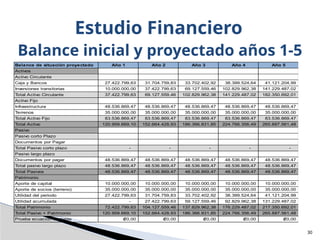 30
Estudio Financiero
Balance inicial y proyectado años 1-5
Balance de situación proyectado Año 1 Año 2 Año 3 Año 4 Año 5
Activos
Activo Circulante
Caja y Bancos 27.422.799,63 31.704.759,83 33.702.402,92 38.399.524,64 41.121.204,99
Inversiones transitorias 10.000.000,00 37.422.799,63 69.127.559,46 102.829.962,38 141.229.487,02
Total Activo Circulante 37.422.799,63 69.127.559,46 102.829.962,38 141.229.487,02 182.350.692,01
Activo Fijo
Infraestructura 48.536.869,47 48.536.869,47 48.536.869,47 48.536.869,47 48.536.869,47
Terrenos 35.000.000,00 35.000.000,00 35.000.000,00 35.000.000,00 35.000.000,00
Total Activo Fijo 83.536.869,47 83.536.869,47 83.536.869,47 83.536.869,47 83.536.869,47
Total Activo 120.959.669,10 152.664.428,93 186.366.831,85 224.766.356,49 265.887.561,48
Pasivo
Pasivo corto Plazo
Documentos por Pagar
Total Pasivo corto plazo - - - - -
Pasivo largo plazo
Documentos por pagar 48.536.869,47 48.536.869,47 48.536.869,47 48.536.869,47 48.536.869,47
Total pasivo largo plazo 48.536.869,47 48.536.869,47 48.536.869,47 48.536.869,47 48.536.869,47
Total Pasivos 48.536.869,47 48.536.869,47 48.536.869,47 48.536.869,47 48.536.869,47
Patrimonio
Aporte de capital 10.000.000,00 10.000.000,00 10.000.000,00 10.000.000,00 10.000.000,00
Aporte de socios (terreno) 35.000.000,00 35.000.000,00 35.000.000,00 35.000.000,00 35.000.000,00
Utilidad del periodo 27.422.799,63 31.704.759,83 33.702.402,92 38.399.524,64 41.121.204,99
Utilidad acumulada - 27.422.799,63 59.127.559,46 92.829.962,38 131.229.487,02
Total Patrimonio 72.422.799,63 104.127.559,46 137.829.962,38 176.229.487,02 217.350.692,01
Total Pasivo + Patrimonio 120.959.669,10 152.664.428,93 186.366.831,85 224.766.356,49 265.887.561,48
Prueba ecuación contable 0,00
₡ 0,00
₡ 0,00
₡ 0,00
₡ 0,00
₡
 